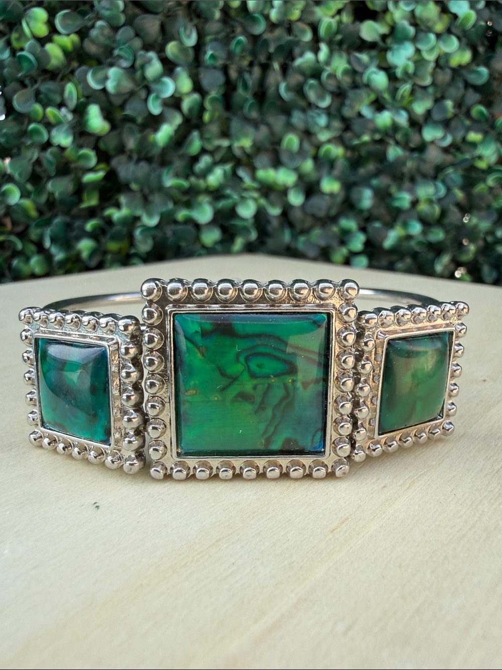 Green Stone Silver-Tone Three-Panel Cuff Bracelet